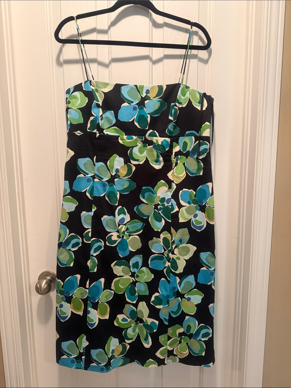 Evan Picone Black Strapless Midi Dress with Blue & Green Floral Print